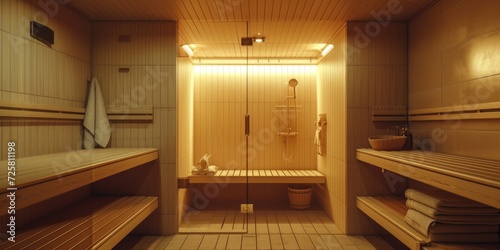 A sauna room featuring a wooden bench and a refreshing shower. Perfect for relaxation and rejuvenation after a long day. Ideal for spa  wellness  and self-care concepts