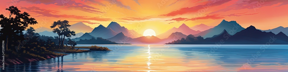 sunset over the ocean with mountains and trees
