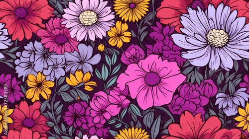 flowers, doodle, seamless pattern, isolated on black background