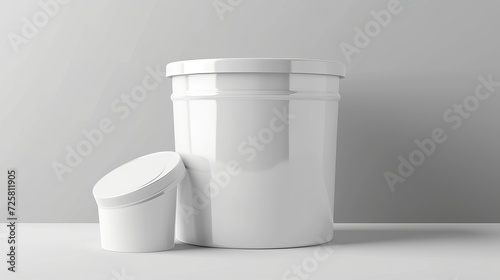 White glossy metal paint bucket. Photo-realistic packaging mockup template with sample design. Vector 3d illustration. Contains an accurate mesh to wrap your artwork with correct envelope distortion