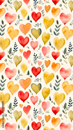 Colorful Watercolor Hearts and Leaves Pattern