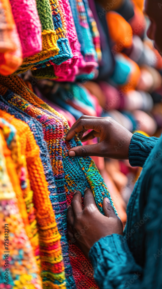 Close-up of Hand on Colorful Knitwear