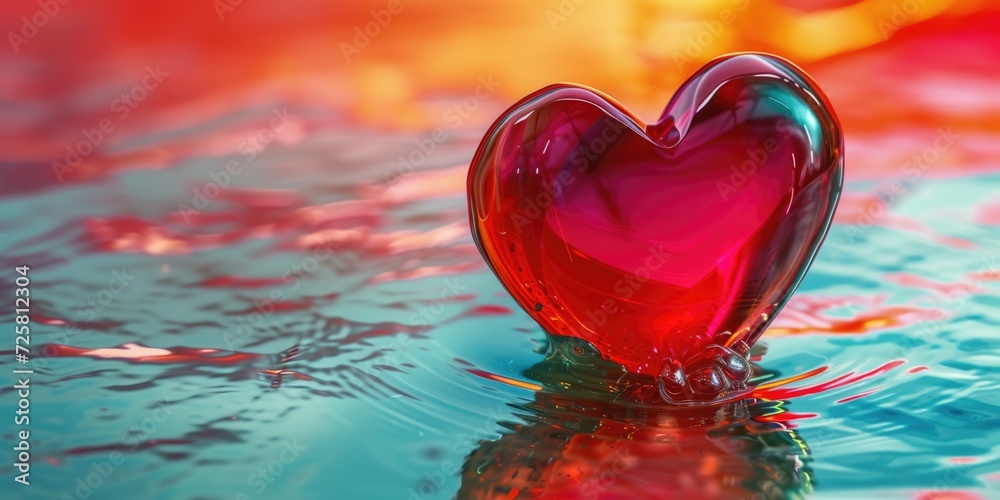 A heart-shaped glass object peacefully floating on the surface of water. Perfect for romantic themes and love-related concepts A heart-shaped glass object peacefully floating on the surface of water. Perfect for romantic themes and love-related concepts