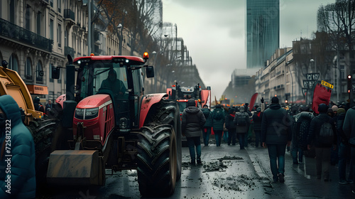 a blockade and demonstration of peasants or farmers who are protesting with their tractors on a street in city,