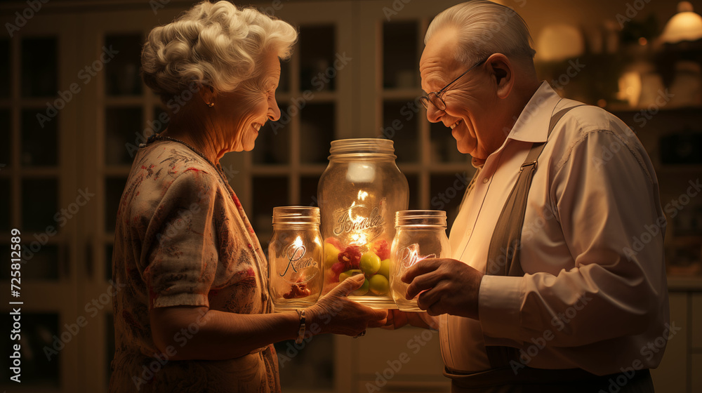 Warm family time. A husband and wife hold jars of fruit in their hands and a bright warm light.