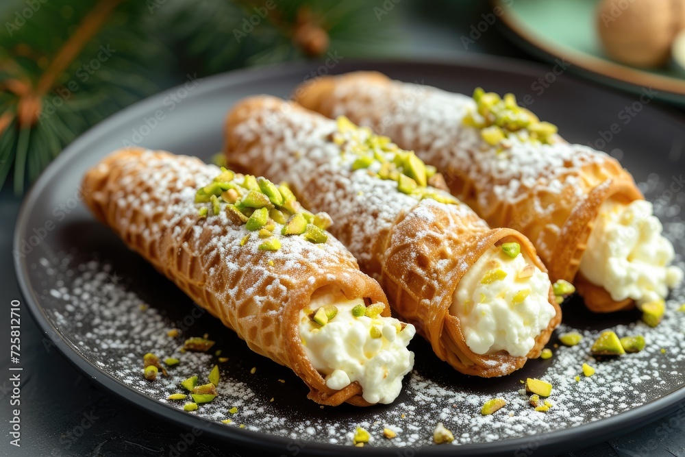 Sicilian dessert Italian pastry homemade cannoli with ricotta cheese and pistachio filling
