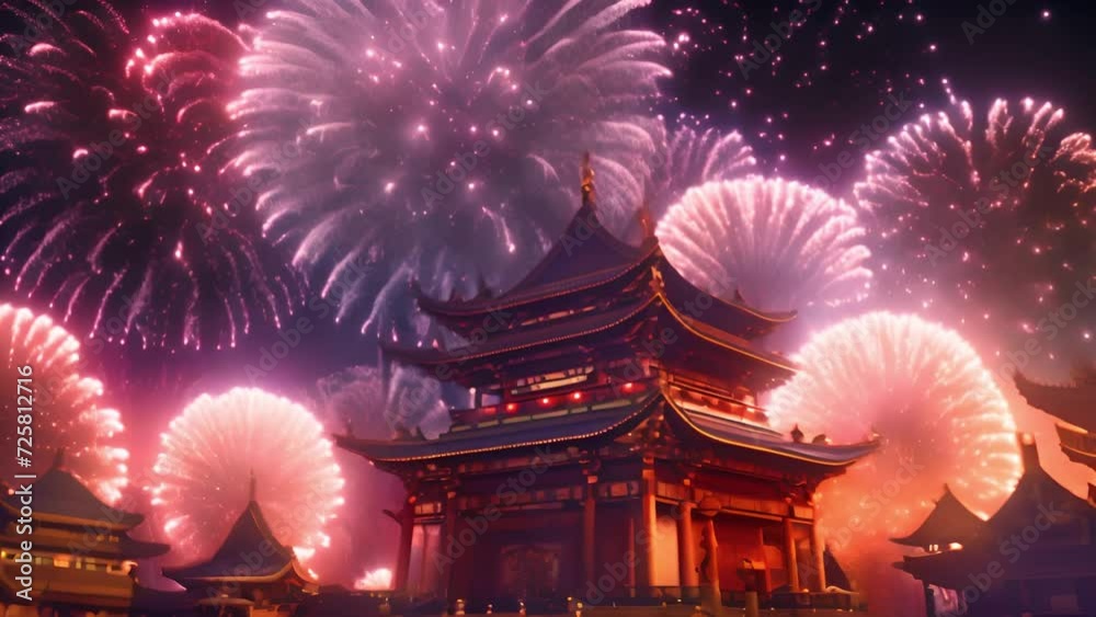 Video Stock Fireworks Chinese New Year above temple. Lunar New Year