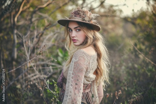 Bohemian fashion model in a whimsical outdoor setting Embodying free spirit and artistic style