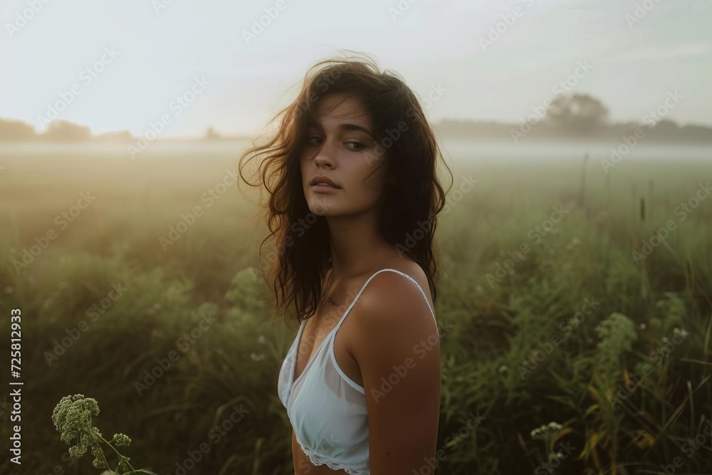 Ethereal model in a dreamy meadow at dusk Exuding a sense of peace Mystery And oneness with nature Ethereal model in a dreamy meadow at dusk Exuding a sense of peace Mystery And oneness with nature