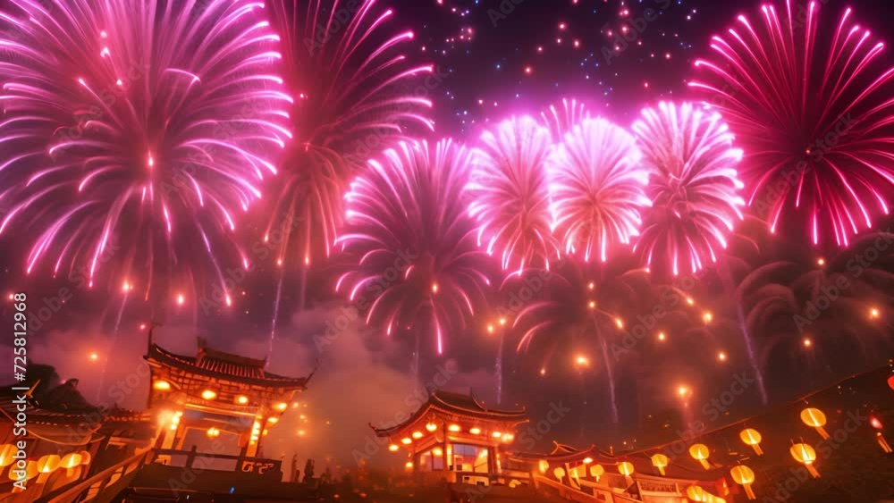 Fireworks Chinese New Year above temple. Lunar New Year fireworks 2024