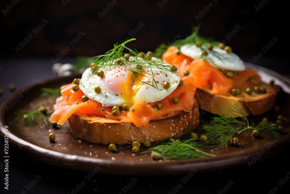 A close-up view of a delicious-looking breakfast meal. Two sunny-side-up eggs are placed on slices of toasted bread, garnished with fresh green herbs and sprinkled with seasoning