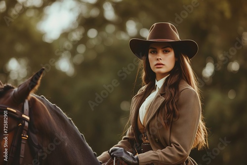 Equestrian model in countryside attire Highlighting the grace and tradition of horseback riding