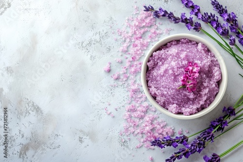 Spa set with natural lavender scrub on a white texture background for body care including sugar peeling scrub with argan oil and Himalayan salt