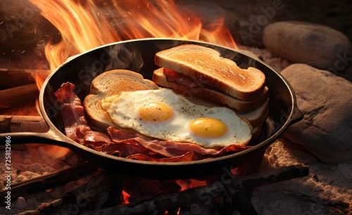 Cooked up eggs with bacon and toast on camp fire.