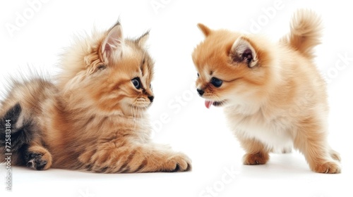 A funny gray kitten and smiling dog on a white background, showcasing a delightful and entertaining scene of pet companionship between a lovely fluffy cat and a Pomeranian Spitz puppy