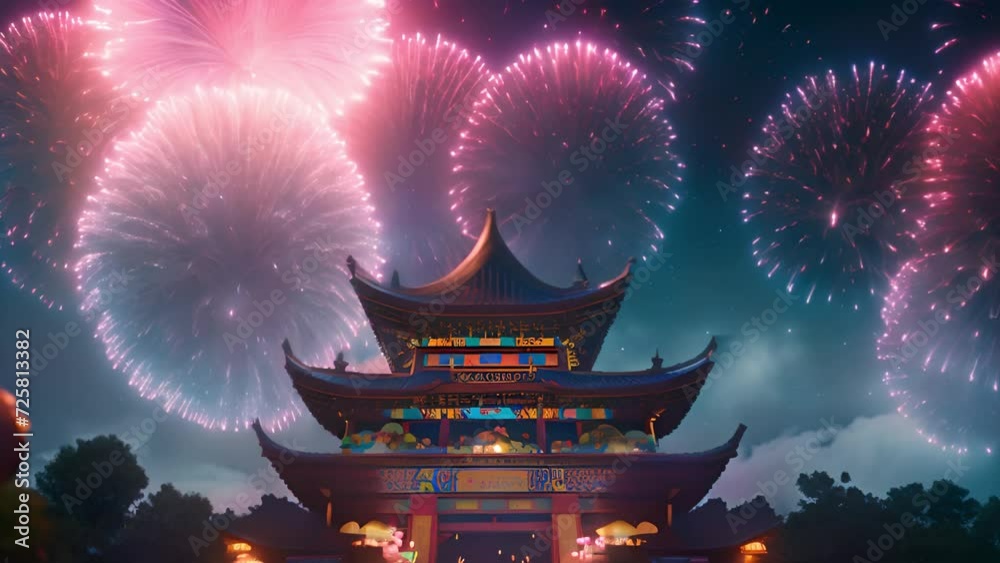 Fireworks Chinese New Year above temple. Lunar New Year fireworks 2024 effect. Happy Chinese New Year 2024 sparkling animation,year of the dragon, Copy space 4k mp4
