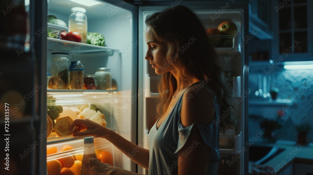 A woman standing in front of an open refrigerator. Suitable for illustrating healthy eating habits and food choices - obrazy, fototapety, plakaty 