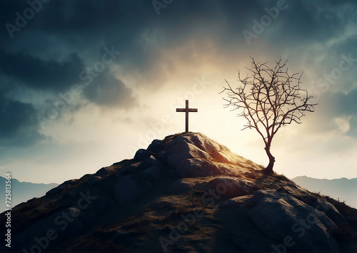 Good Friday concept Christian cross on a hill surrounded by thorns and shadows on sky background