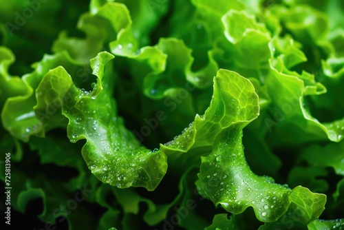 A close-up view of lettuce leaves with water droplets. This image can be used to showcase the freshness and natural beauty of lettuce in various food-related projects