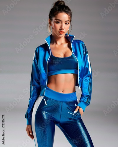 A woman wearing a blue sports outfit stands outside, ready for physical activity.