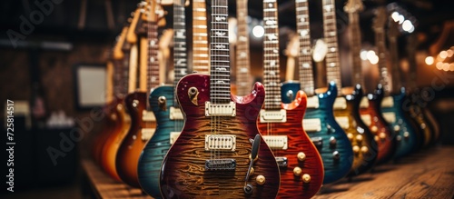 electric guitars in a row hanging in a modern musical shop