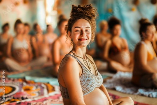 Smiling pregnant woman enjoying a prenatal yoga class with diverse expectant mothers in a serene studio.