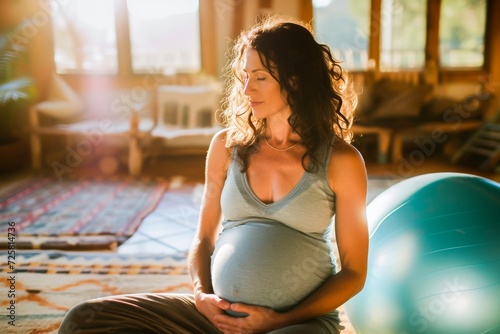 A serene pregnant woman practicing prenatal yoga in a sunlit room, focusing on wellness and relaxation. photo