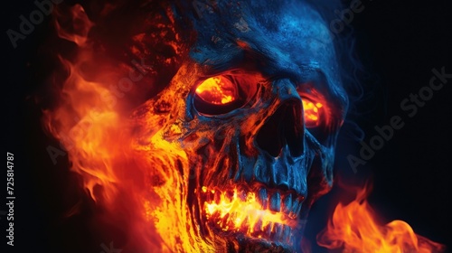 The burning head of a creepy monster. The image of a terrifying creature from hell. The concept of horror and fear.