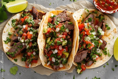 Three Mexican street tacos with lime filled with carne asada and made with corn tortillas photo