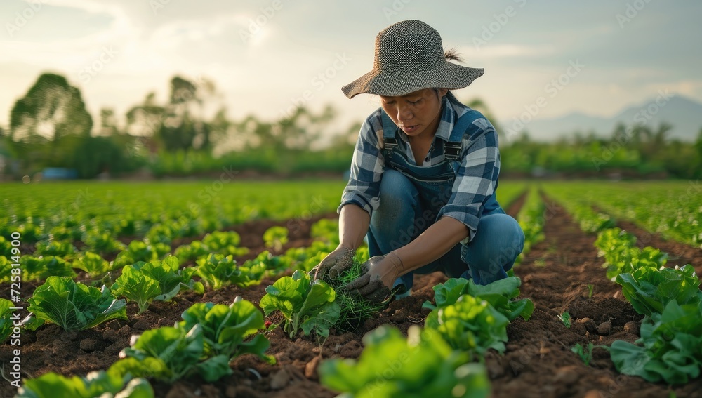 Asian woman farmer tending vegetable garden