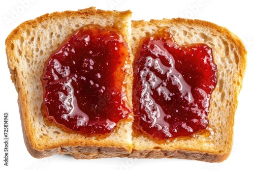 Top view macro photo of toasted bread with homemade jam on white