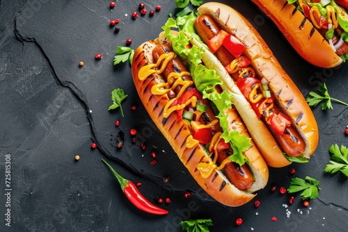 Top view of an American hotdog with grilled sausage tomato and lettuce on a dark background photo