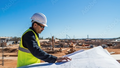 Engineer reviewing blueprints at construction site © Meow Creations