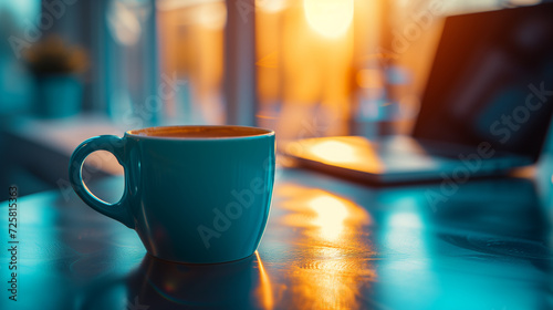 Cup of coffe on the table with laptop