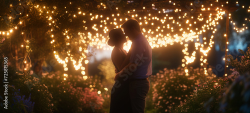 Under a canopy of fairy lights in a garden, a couple shares a quiet dance