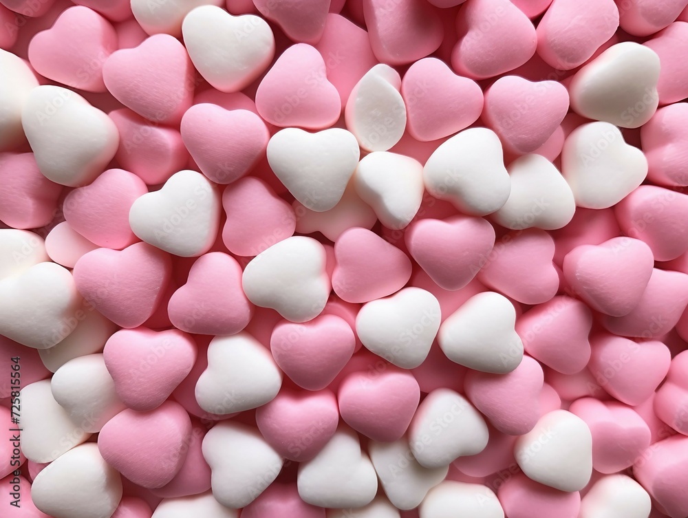 Pink and white heart shaped candies for Valentine's Day background.