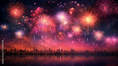 Colorful fireworks and cityscape with reflection on water, vector illustration