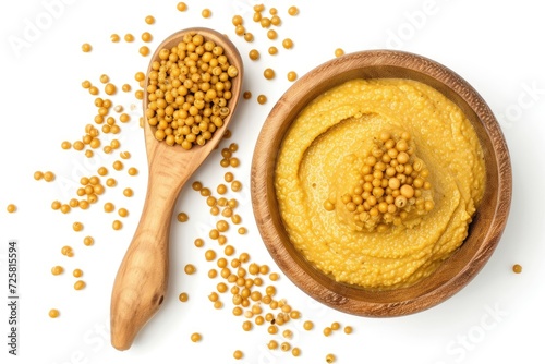 Top view of French mustard on white background with depth of field photo