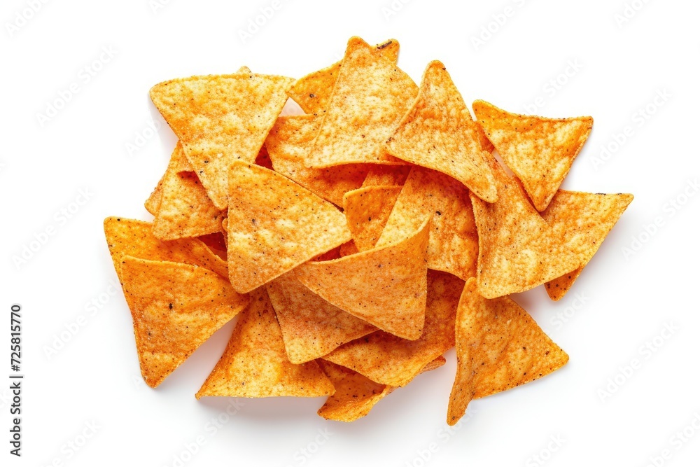 Top view of isolated corn chips nachos on white background