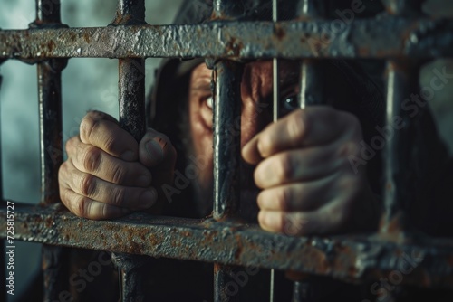 A person is shown holding metal bars in a jail cell. This image can be used to depict incarceration, imprisonment, or the criminal justice system