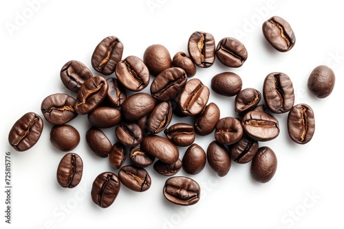 Top view of isolated pile of roasted coffee beans on white background