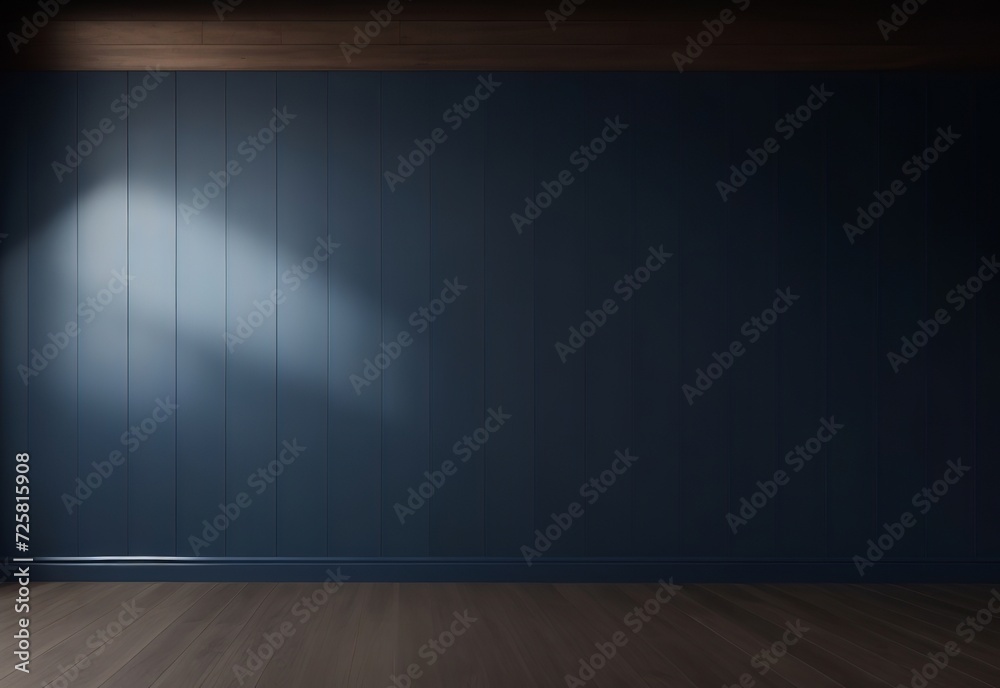 Dark blue wall in an empty room with a wooden floor
