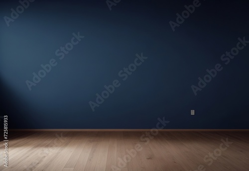 Dark blue wall in an empty room with a wooden floor
