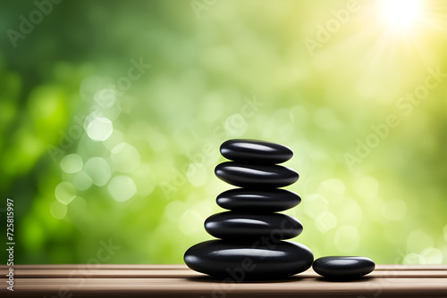 zen stones on green bokeh wellness background