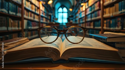 A book with glasses on the desk against a library backdrop, creating a cozy reading nook perfect for quiet intellectual pursuits and study sessions