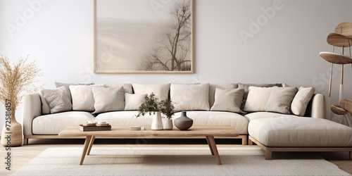 Stylish living room with grey corner sofa, wooden coffee table, dried flower vase, personal accessories. Beige neutral colors. Template. © Vusal
