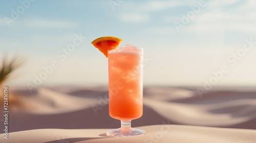 Alcoholic cocktail with orange on the sand dunes in the desert