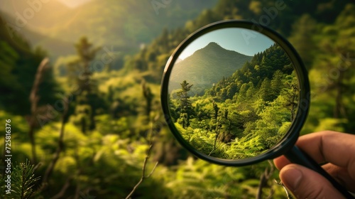 A captivating landscape view through a magnifying glass, revealing unseen details and enhancing the beauty of the outdoor environment, perfect for exploration and discovery concepts