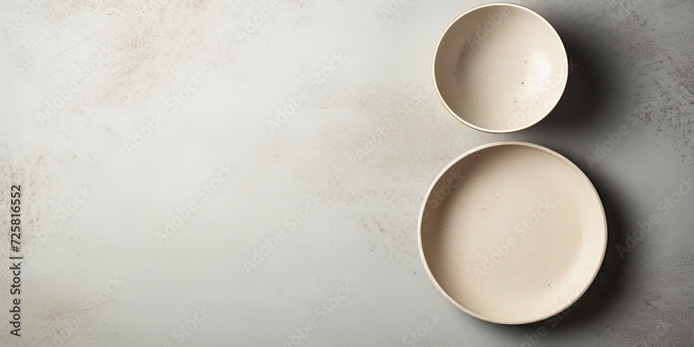 Neutral beige tableware with copy space on gray concrete background, top view. Scandinavian-style plates mockup for business brand template.