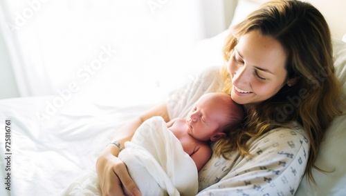Young mother with her newborn baby on the bed at home. Happy family